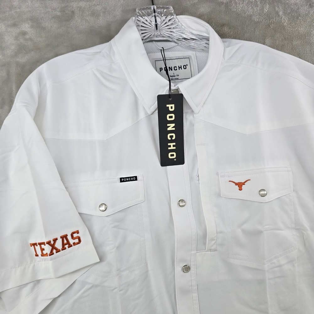 Poncho The Stay Late Shirt Mens Large White UT Texas Longhorns Pearl Snap